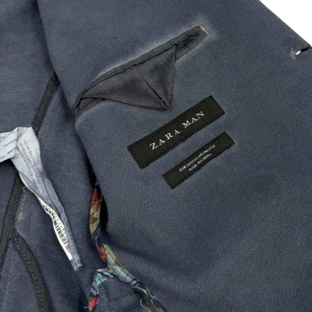 NWT Zara Man Garment Dyed Two Button Blazer Slim Fit Blue Size 40